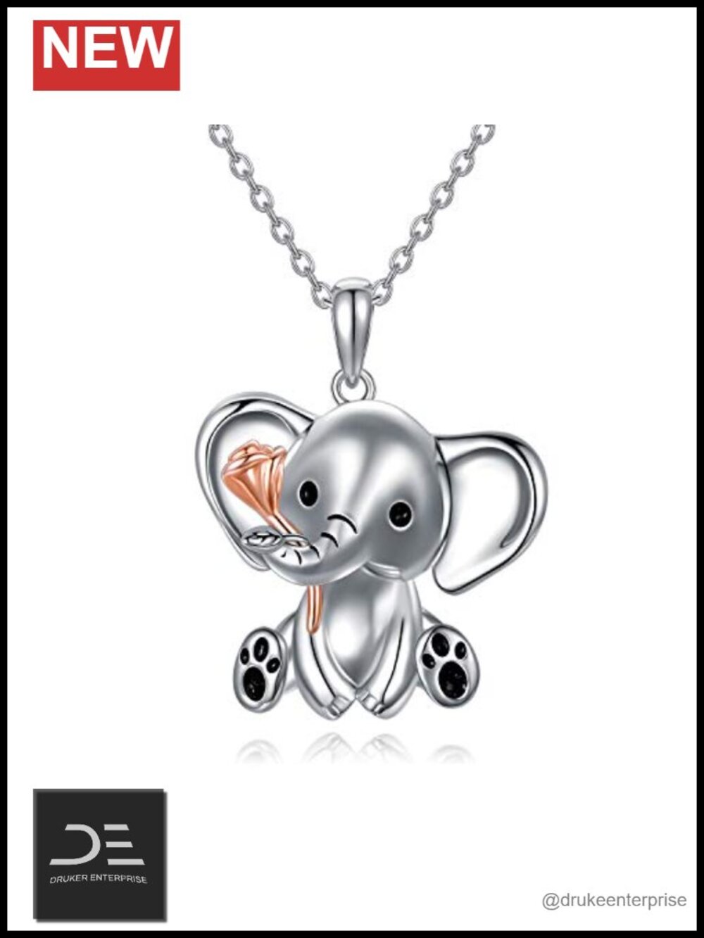 925 Sterling Silver Elephant Rose Pendant Necklace 18" Box Chain